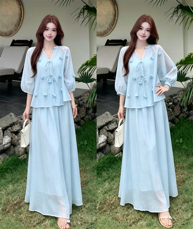 실사 빅 사이즈 여름 새로운 지방 mm 프랑스식 달콤함 3 차원 꽃 V넥 블라우스 슬립 드레스 투피스 세트