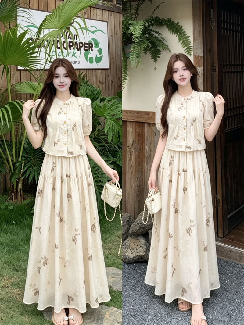 실사 빅 사이즈 2026 여름 새로운 한 부서 신선함 바람 꽃무늬 반팔 맨위 하이웨이스트 반신 스커트 투피스 세트