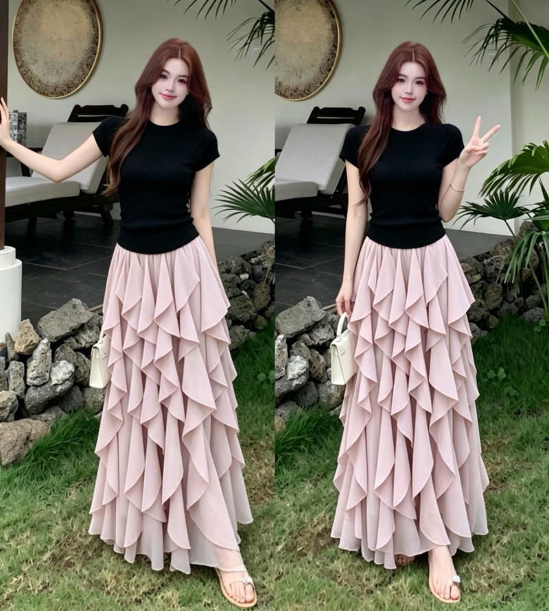 실사 빅 사이즈 여성 의류 새로운 반팔 맨위 프랑스식 불규칙 디자인 센스 프릴 반신 스커트 투피스 세트