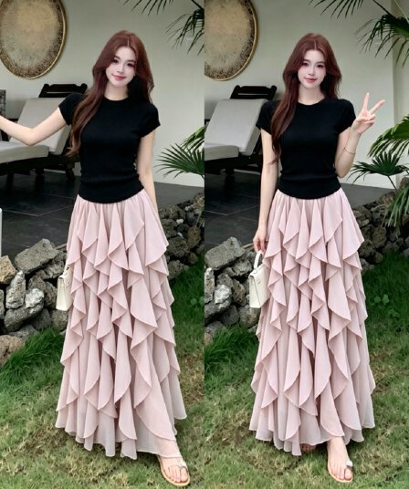 실사 빅 사이즈 여성 의류 새로운 반팔 맨위 프랑스식 불규칙 디자인 센스 프릴 반신 스커트 투피스 세트