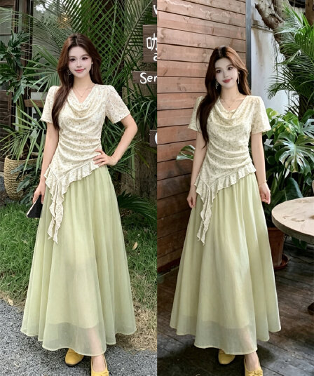 실사 빅 사이즈 여름 새로운 불규칙 프릴 흔들다 칼라 꽃무늬 맨위 다용도 품격 반신 스커트 투피스 세트