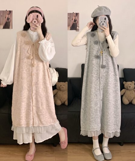 2026 실사 빅 사이즈 여성 의류 가을 겨울 새로운 달콤함 지방 mm 긴팔 만나는 니트 조끼 스커트 투피스 세트