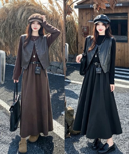 2026 실사 빅 사이즈 여성 의류 가을 겨울 새로운 레트로 가죽 베스트 맨위 긴팔 드레스 복장 투피스 세트