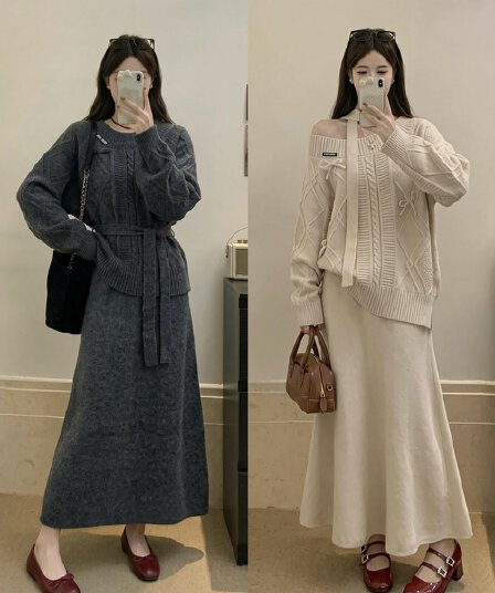 2026 실사 빅 사이즈 여성 의류 가을 겨울 새로운 나비 매듭 꽈배기 스웨터 맨위 니트 반신 스커트 투피스 세트