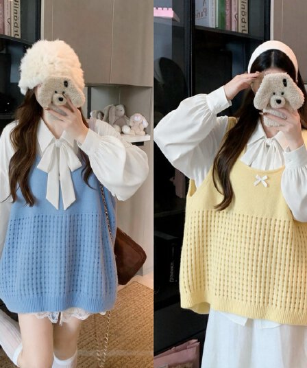 2026 실사 빅 사이즈 여성 의류 가을 겨울 새로운 긴팔 만나는 셔츠 니트 스웨터 홀로우 아웃 베스트 투피스 세트
