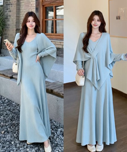 2026 실사 빅 사이즈 여성 의류 가을 겨울 새로운 부드러운 느긋한 바람 파란색 니트 망토 드레스 투피스 슈트