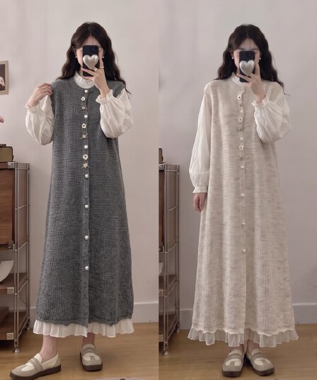 2026 실사 빅 사이즈 여성 의류 가을 겨울 새로운 레이스 레이스 오픈 가디건 니트 조끼 스커트 긴팔 셔츠 투피스 세트
