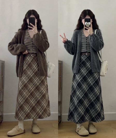2026 실사 빅 사이즈 여성 의류 가을 겨울 새로운 느긋한 바람 스웨터 스트라이프 조끼 체크무늬 반신 스커트 3종 세트