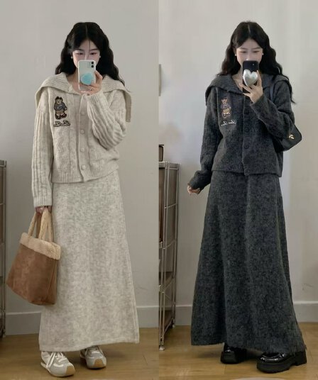 2026 실사 빅 사이즈 여성 의류 가을 겨울 새로운 작은 곰 폴로 칼라 스웨터 맨위 니트 반신 스커트 투피스 세트