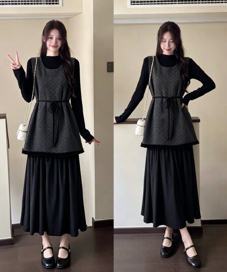 2026 실사 빅 사이즈 여성 의류 가을 겨울 새로운 페이크 레이어드 레이스업 도트 무늬 조끼 스커트 긴팔 만나는 투피스 세트