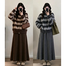 批发2026实拍大码女装秋冬新款条纹羊羔毛立领拉链外套+半身<b class='q'>裙</b>两件套