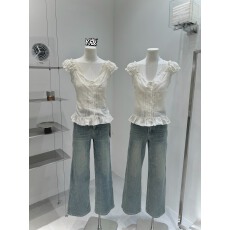 批发YOLO SHOP古董少女獨<b class='q'>家</b>100棉蕾丝设计叠穿纯欲木耳边夏季短袖上衣