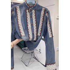 批发网图高端女装欧货2026早春新款高级感立领拼蕾丝边<b class='q'>牛仔</b><b class='q'>衬衫</b>女