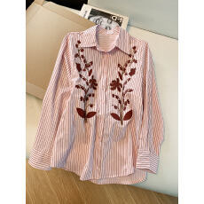 批发2026春季新款高级感设计复古条纹刺绣<b class='q'>衬衫</b>女长袖宽松百搭气质上衣