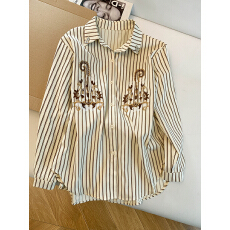 批发实拍2026年春季新款条纹刺绣衬衫女超好看长袖翻领设计感洋气上衣