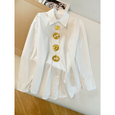 批发实拍2026年春季翻领长袖金属别针装饰法式优雅宽松衬衫廓形<b class='q'>通勤</b>