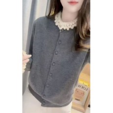 批发法式花边拼接针织开衫女2025秋季新款设计感小众修身显瘦长袖上衣