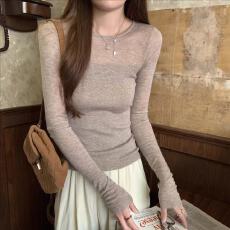 批发拼接设计长袖软糯针织衫女春秋季修身内搭打底衫上衣纯欲风<b class='q'>小衫</b>