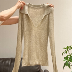 批发韩系polo翻领秋季新款针织衫长袖女修身显瘦基础款打底上衣t恤