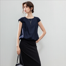 都市通勤风圆领衬衫女26夏季新款橡筋下摆短袖休闲衬衣上衣