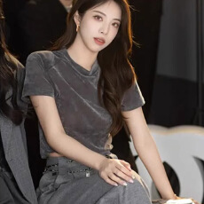 批发<b class='q'>官</b>图实价 复古短袖修身辣妹垫肩T恤女夏设计感女小众露脐短款上衣