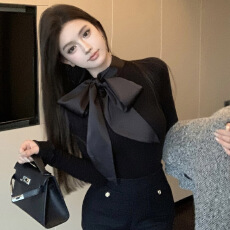 批发官图实价 黑色蝴蝶结女秋冬内搭<b class='q'>打底衫</b>T恤修身显瘦气质长袖上衣
