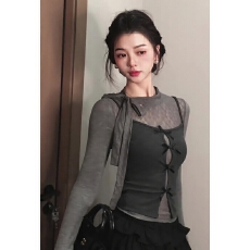 批发官图实价 半高领蝴蝶结蕾丝微透T恤上衣女秋季叠穿<b class='q'>吊带</b>两件套装
