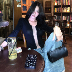 官图实价 仿棉 设计感链条T恤女秋冬八分袖修身辣妹风小众短上衣