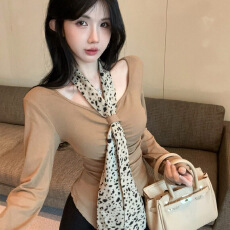 批发官图实价 豹纹飘带纯质褶皱设计感长袖打底衫女内搭独特上衣跨境