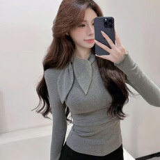 批发官图实价 仿棉 高级感气质系带长袖上衣<b class='q'>打底衫</b>秋<b class='q'>修身</b>显瘦t恤女