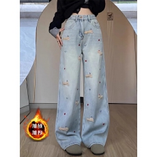 批发加绒卡通腊肠狗刺绣阔腿<b class='q'>牛仔裤</b>女秋冬新款高腰显瘦<b class='q'>直筒</b>拖地长裤子