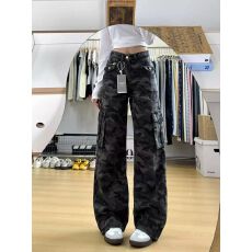 批发美式复古迷彩工装<b class='q'>牛仔</b>裤<b class='q'>女</b>秋冬新款设计感高腰宽松显瘦百搭直筒裤