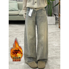 加绒加厚秋冬季复古毛边直筒牛仔裤女高腰宽松显瘦保暖阔腿拖地裤