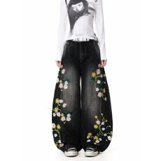 批发美式高街植物花卉刺绣弯刀牛仔裤男女宽松休闲阔腿设计感百搭长裤