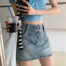 批发短裙女薄款ins风新款设计双扣半身高腰防走光复古牛仔a字包臀<b class='q'>裙子</b>