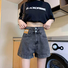 批发夏季新款韩版百搭卷边<b class='q'>高腰</b>牛仔短裤双扣宽松显瘦百搭a字阔腿热裤