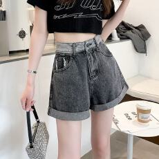 批发夏季ins新款韩版撞色毛边牛仔短裤宽松<b class='q'>高腰</b>休闲显瘦卷边a字<b class='q'>阔腿裤</b>