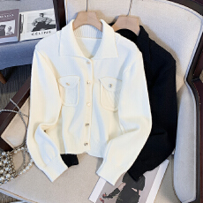 批发秋冬气质翻领<b class='q'>长袖</b>口袋毛衣外套女高级感小香风<b class='q'>外</b><b class='q'>搭</b>针织<b class='q'>开衫</b>