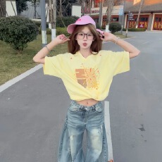 批发韩国大码<b class='q'>女装</b>纯棉210克100%棉女夏装慵懒宽松百搭印花短袖T恤韩系