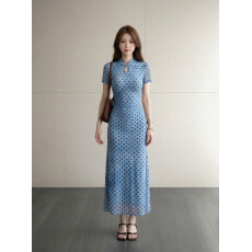 批发新中式国风蕾英俊松涧照复古波点<b class='q'>改良</b><b class='q'>旗袍</b>裙夏收腰水滴领长裙