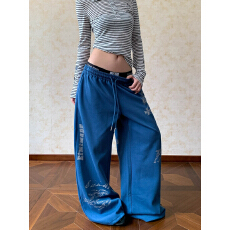 批发纯棉华棉#美式复古做旧印花运动卫裤女<b class='q'>街头</b>宽松垂感休闲阔腿裤子