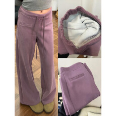 批发原版做法#紫色拼接<b class='q'>高腰</b>休闲裤女春秋冬宽松阔腿直筒裤高级