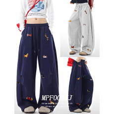 批发纯棉华绵美式嘻哈腊肠狗刺绣弯刀休闲裤宽松<b class='q'>街头</b>百搭阔腿卫裤