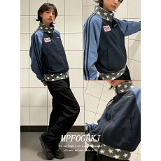 批发#美式复古星星立领运动<b class='q'>开衫</b>卫衣外套女秋季拼接撞色<b class='q'>短款</b>上衣