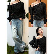 批发法式复古格纹斜肩长袖<b class='q'>衬衫</b>女设计感慵懒风<b class='q'>宽松</b>露肩上衣