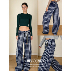 批发#夏季新款弯刀格子拼接<b class='q'>百搭</b>美式复古弯刀休闲<b class='q'>裤</b>女格子<b class='q'>裤</b>长<b class='q'>裤</b>