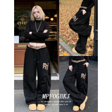 批发纯棉华绵#美式复古辣妹豹纹拼接弯刀卫<b class='q'>裤</b>女秋<b class='q'>宽松</b>阔腿休闲<b class='q'>裤</b>子