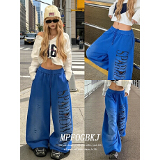 批发纯棉华绵 美式破洞字母印花抽绳阔腿卫<b class='q'>裤</b>女<b class='q'>宽松</b>休闲直筒长<b class='q'>裤</b>