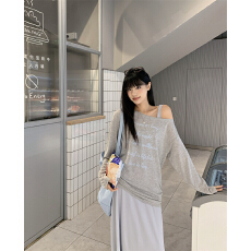 批发实拍实价 韩系慵懒感抽绳字母防晒T恤上衣+长款背心<b class='q'>连衣裙</b>