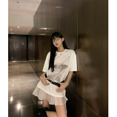 批发实拍实价 美式街头假两件宽松印花拼接大版T恤裙